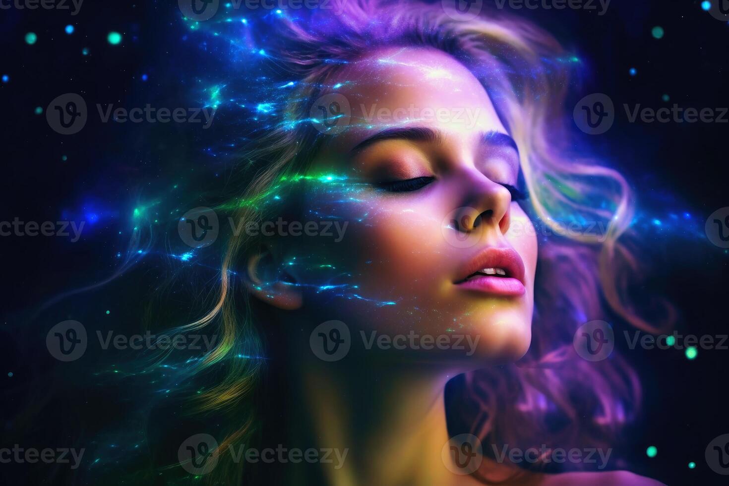 Ethereal and mesmerizing woman portrait in a galaxy environment created with technology. photo