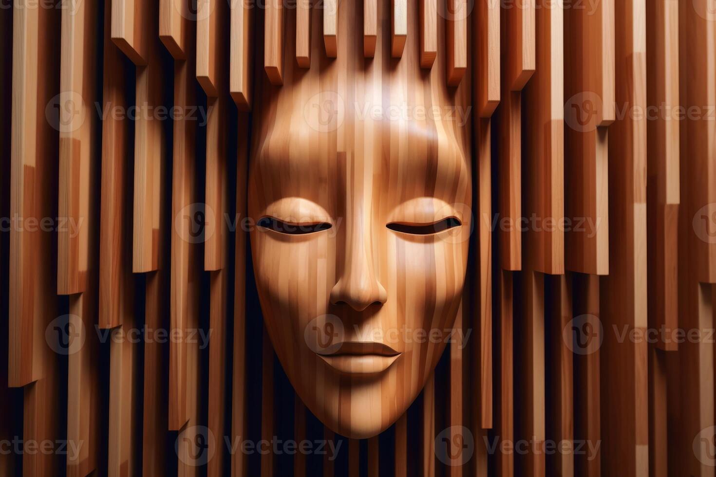 Wooden womans face sculpture created with generative AI technology. photo