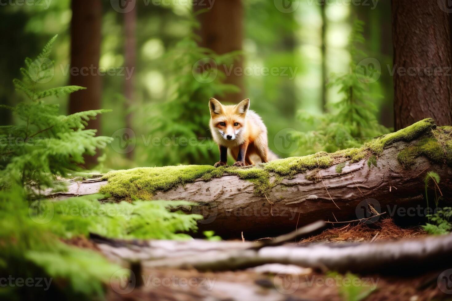 A fox in a mixed forest created with technology. photo