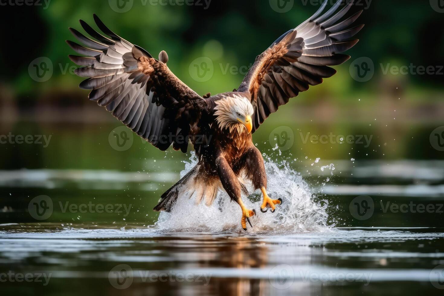 Eagle catching fish in a lake created with technology. photo