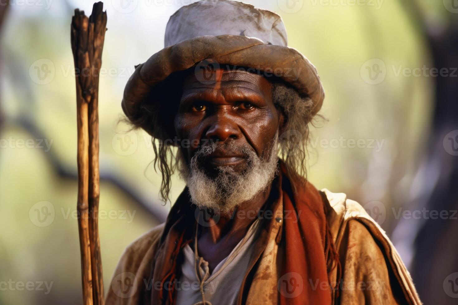 An Australian Aborigine in traditional robes created with technology. photo