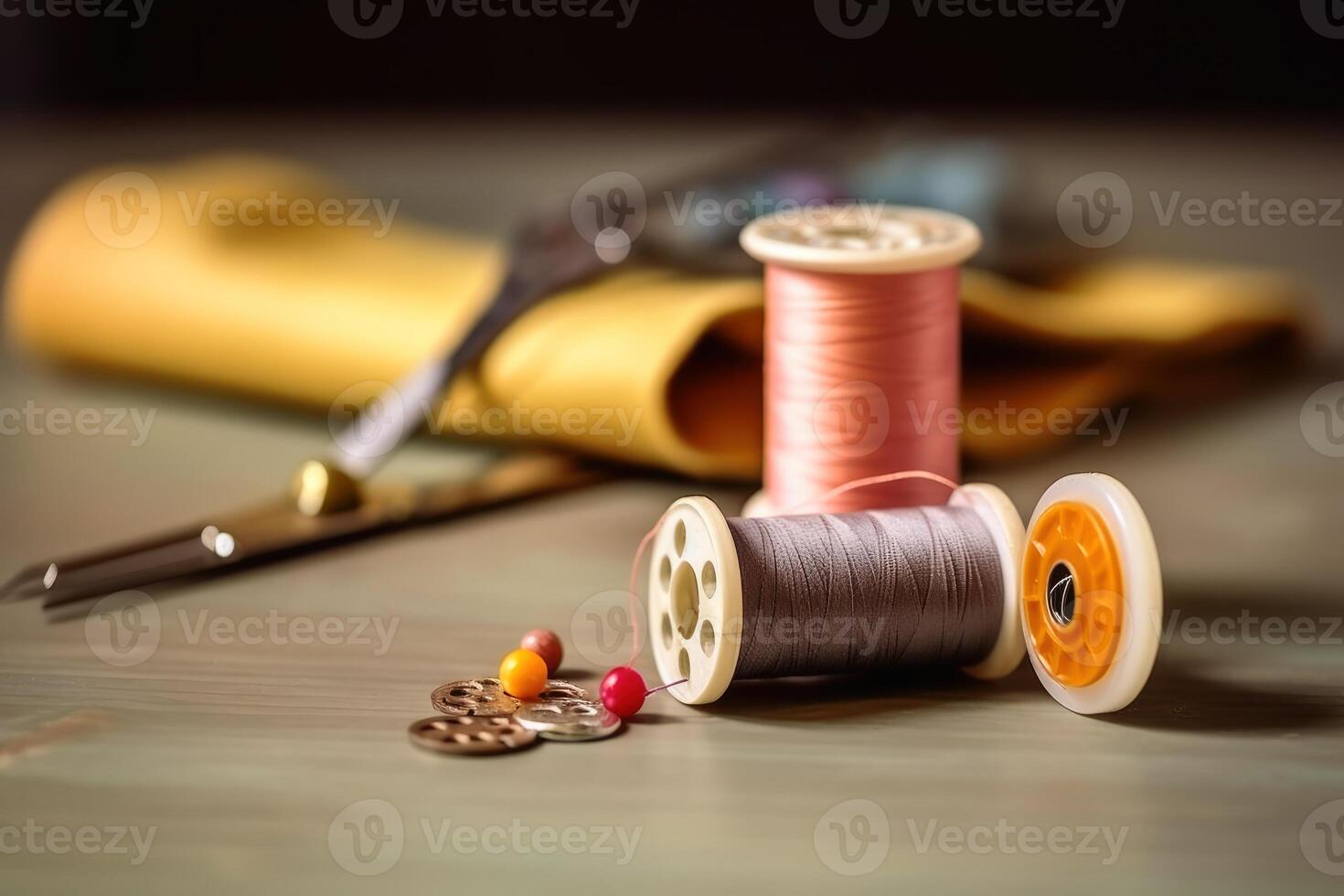 Sewing utensils with buttons and threads and copy space created with technology. photo