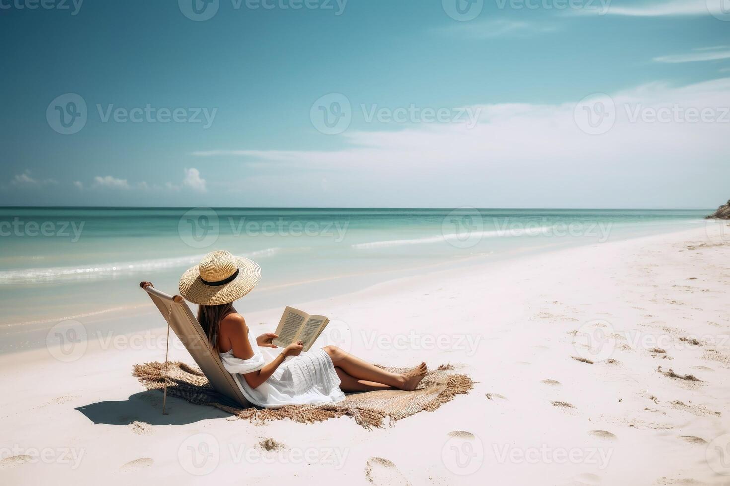 A woman at a tropical beach relaxing while reading a book created with generative AI technology. photo