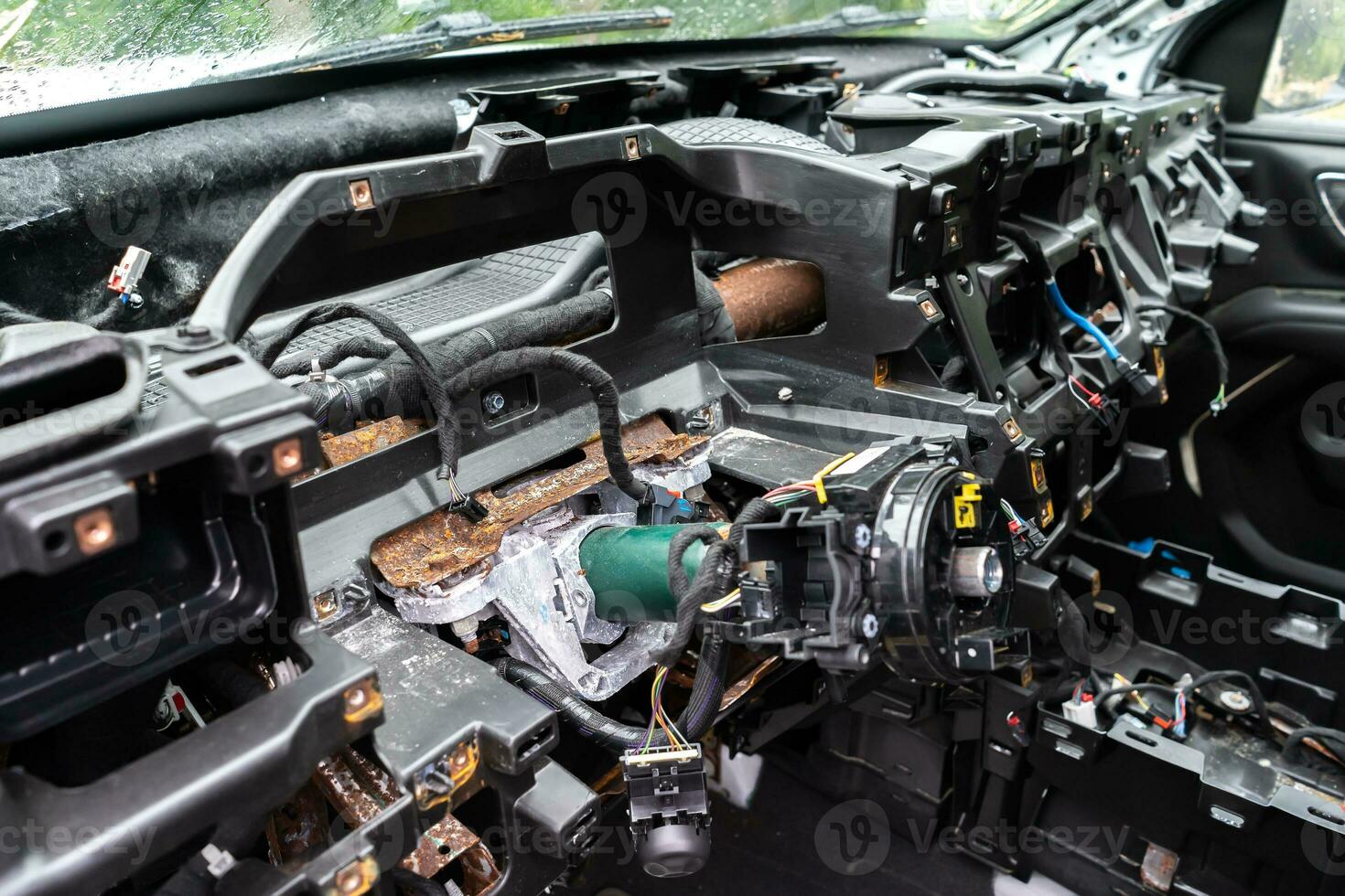 car interior without dashboard, repair after an accident photo