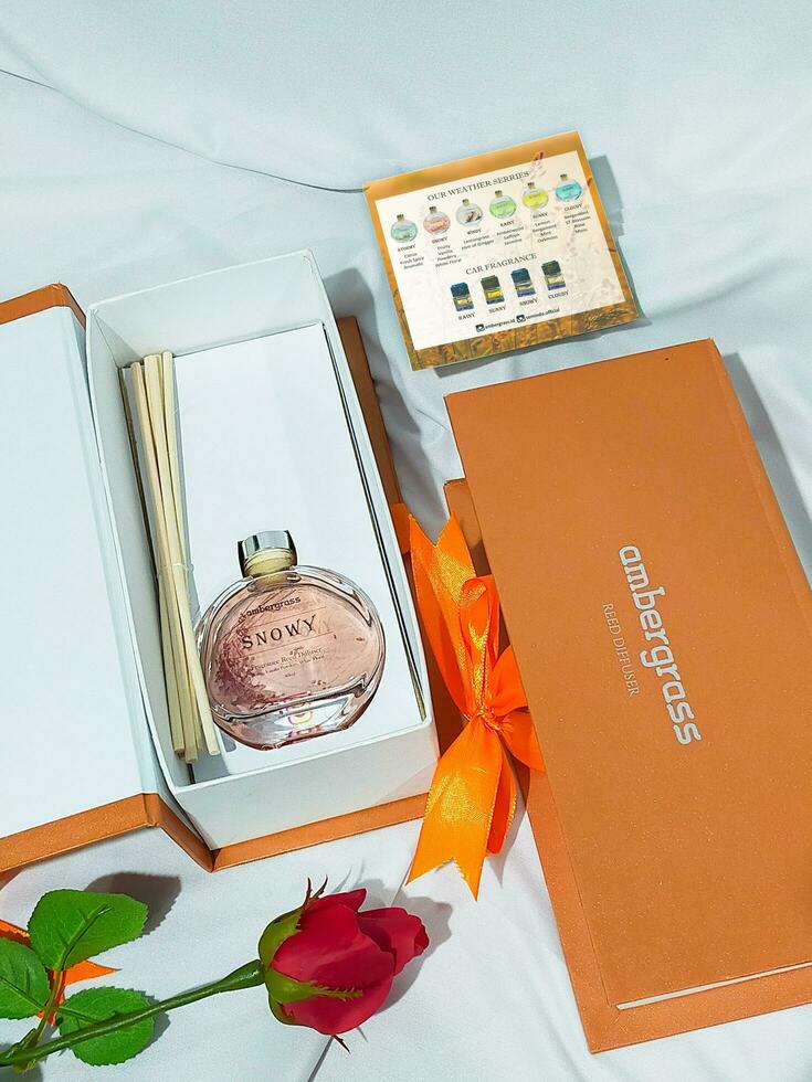 photo of perfume in glass bottle and box