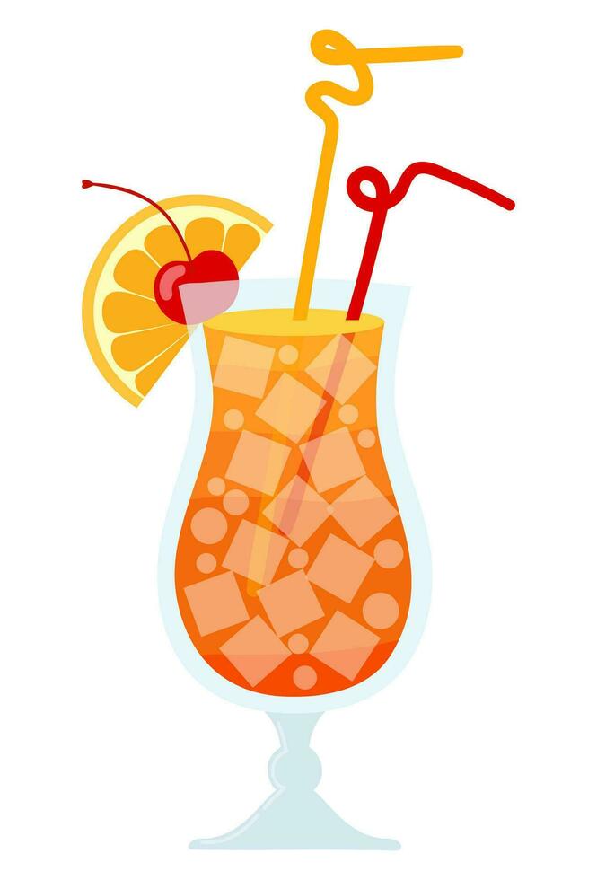 Tequila sunrise with orange slice, cherry, ices cubes and straw.  Summer alcohol cocktail vector