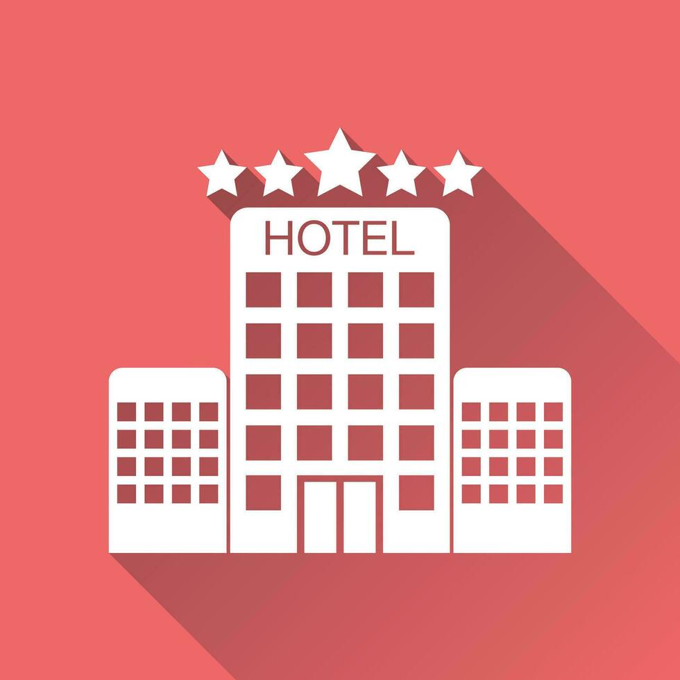 hotel icono aislado en rojo antecedentes con largo sombra. sencillo plano pictograma para negocio, marketing, Internet concepto. de moda moderno vector símbolo para web sitio diseño o móvil aplicación