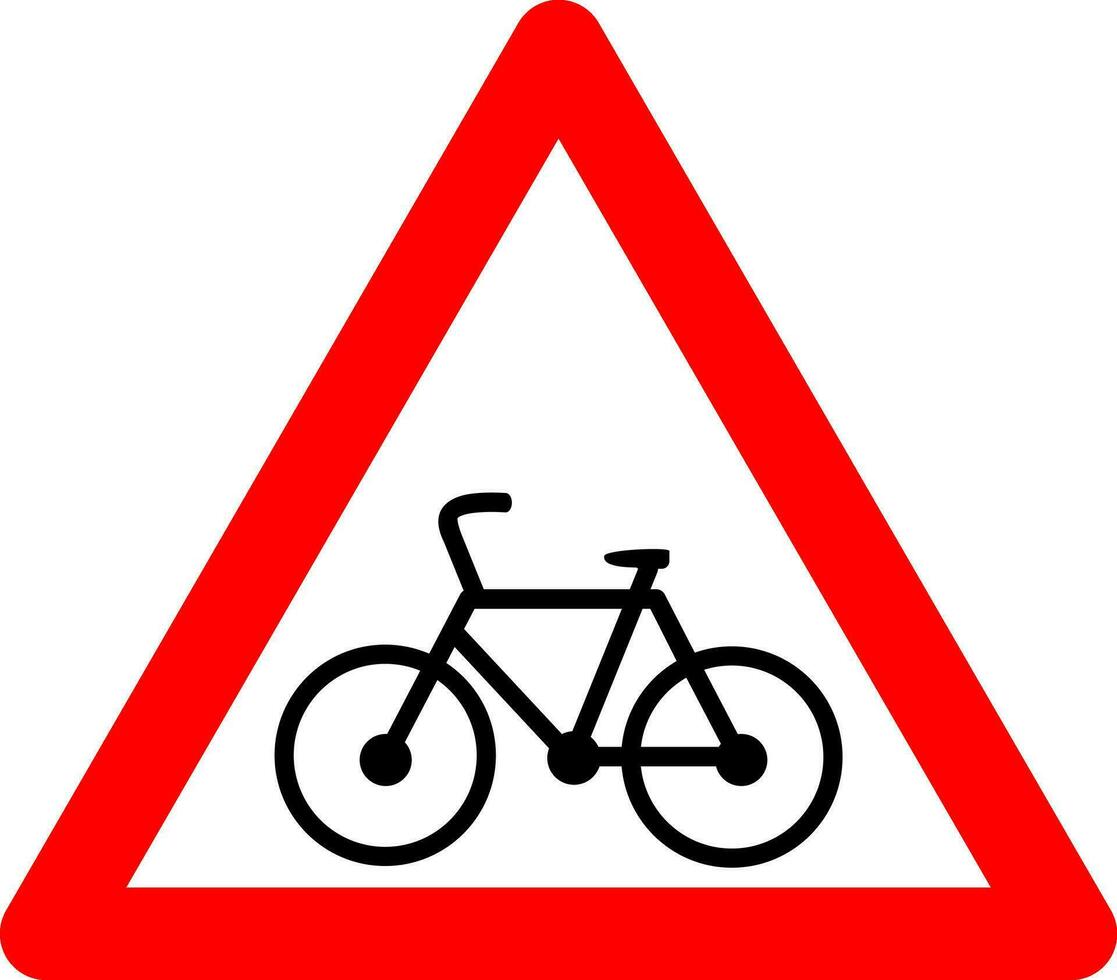 Exit sign for cyclists. Warning sign for cyclists on the road. Red triangle sign with bicycle silhouette inside. Caution bike. Intersections with bike path. Road sign. vector