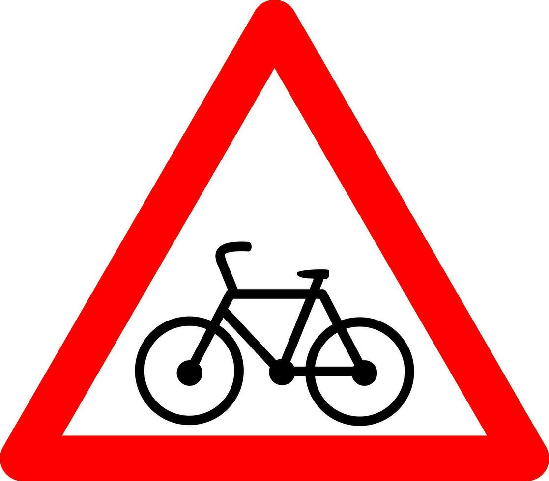 salida firmar para ciclistas advertencia firmar para ciclistas en el la carretera. rojo triángulo firmar con bicicleta silueta adentro. precaución bicicleta. intersecciones con bicicleta camino. la carretera signo. vector