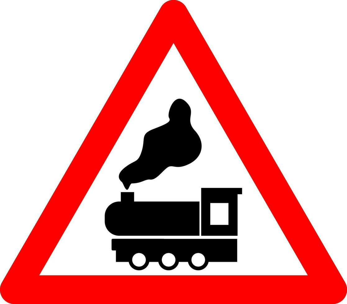 Railway crossing sign without barrier. Warning sign railroad crossing. Red triangle sign with train silhouette inside. Caution railway ahead. Road sign. vector