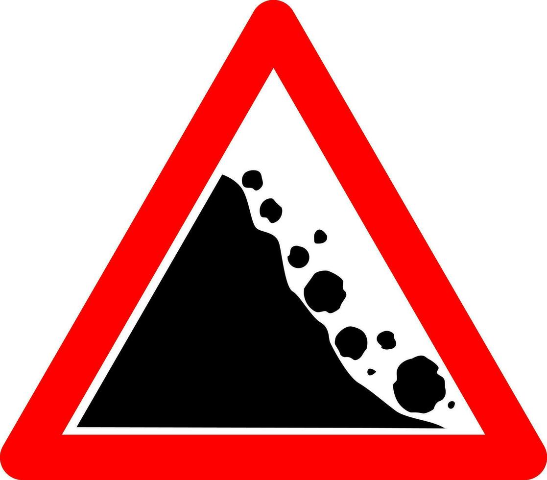 Falling stones sign. Warning road sign falling stones. Red triangle sign with a falling stone icon inside. Road sign. Caution landslide. The zone of falling stones, the collapse of mountains. vector