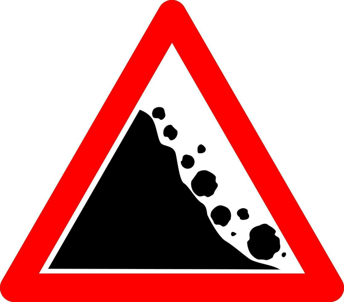 que cae piedras signo. advertencia la carretera firmar que cae piedras rojo triángulo firmar con un que cae Roca icono adentro. la carretera signo. precaución deslizamiento de tierra. el zona de que cae piedras, el colapso de montañas. vector