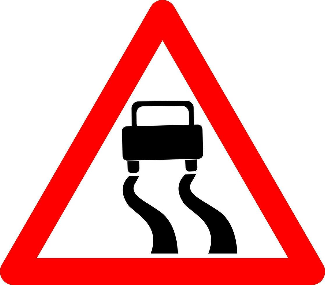 Sign slippery road. Warning sign slippery road. Red triangle sign with car skidding inside. Caution wet, snowy, icy road. Skid risk. vector