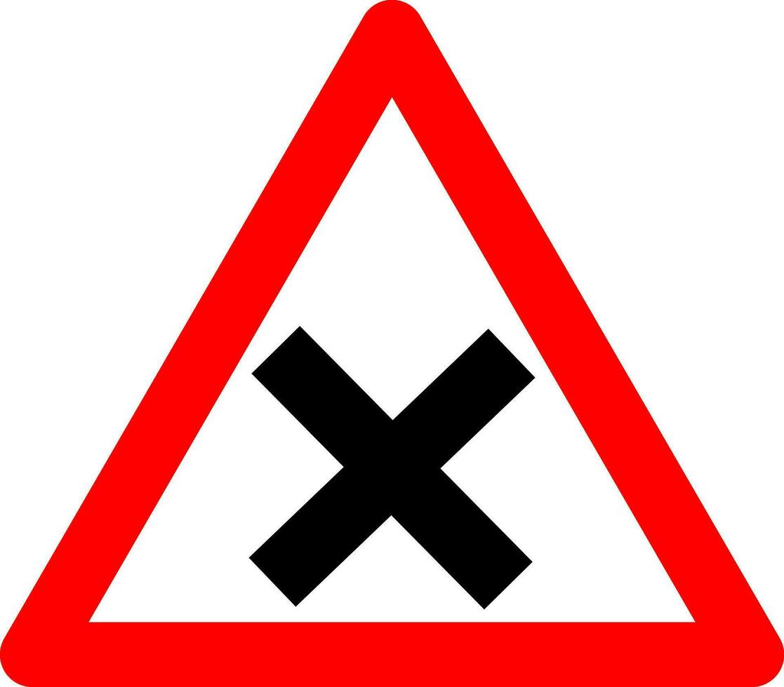 Sign intersection equivalent roads. Warning sign crossing equivalent roads. Red triangle sign with silhouette cross inside. Caution crossroads with equivalent roads. vector