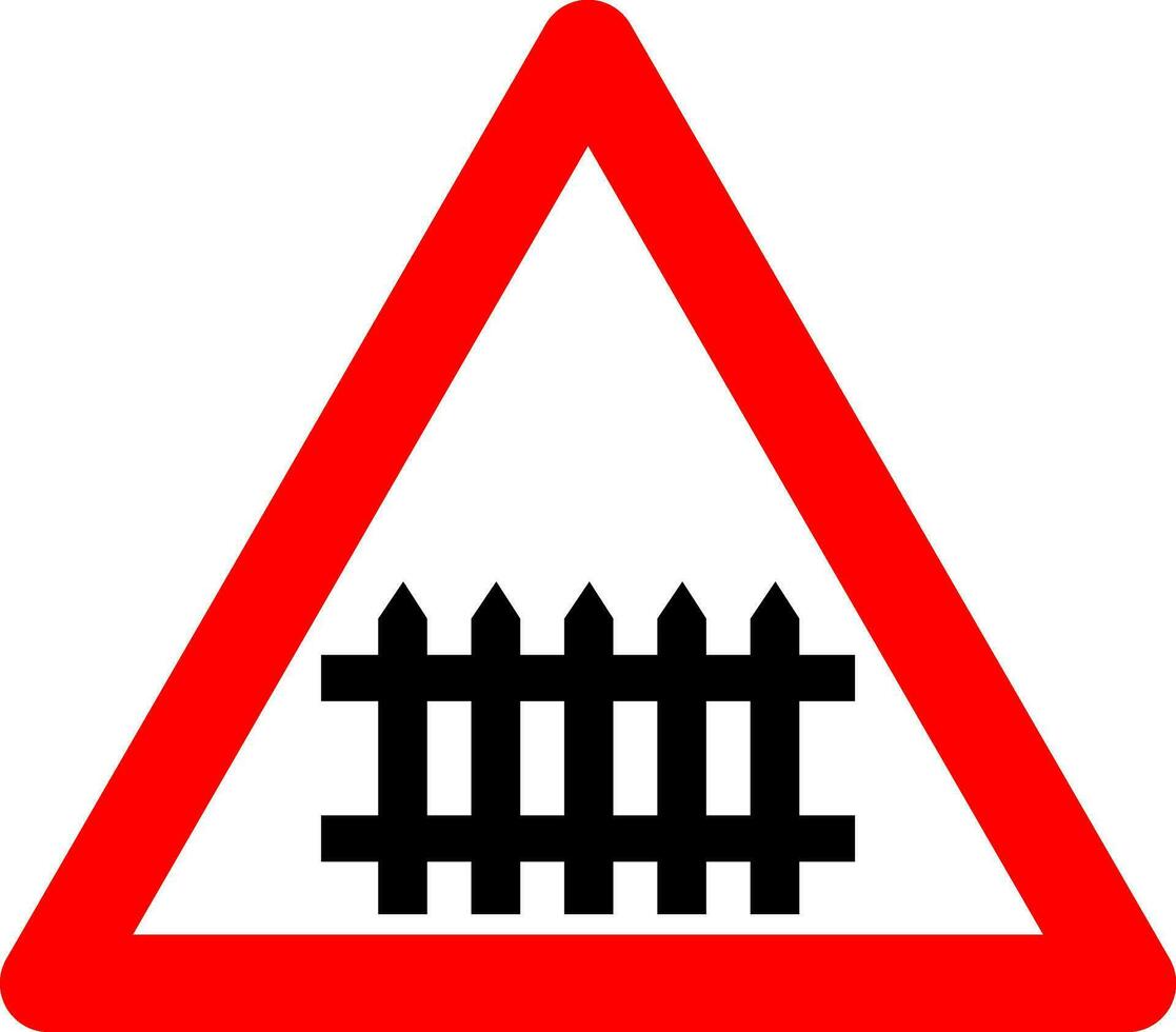 Railway crossing sign with slagbaum. Warning sign railway crossing with barrier or gate. Red triangle sign. Caution train. Beware railway colia. Road sign. vector