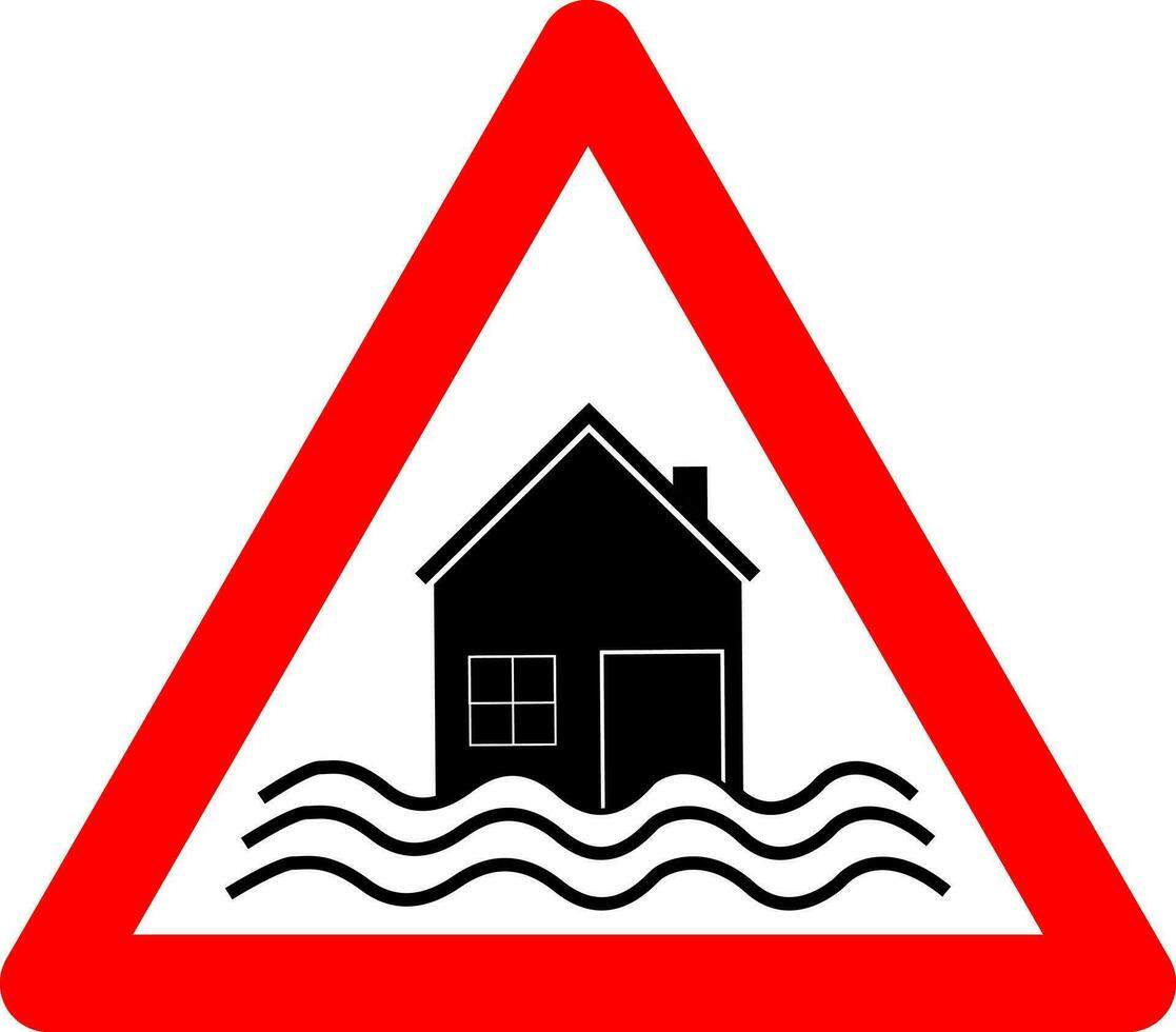 Flood sign. Flood risk warning sign. Red triangle sign with a silhouette of a flooded house inside. Flooding caution. Extreme weather conditions. Natural disaster, storm, tsunami. Road sign. vector