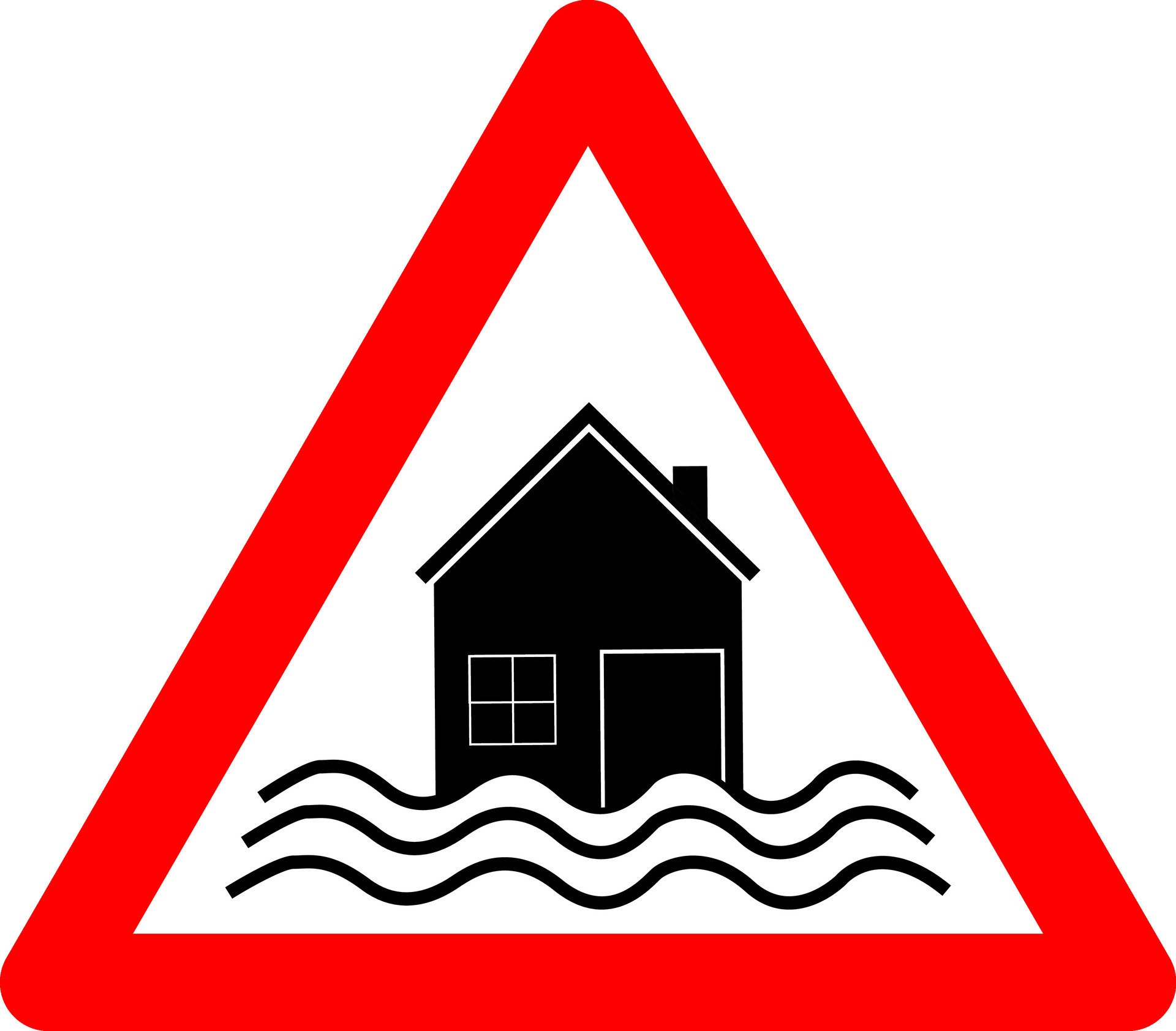 Flood sign. Flood risk warning sign. Red triangle sign with a ...