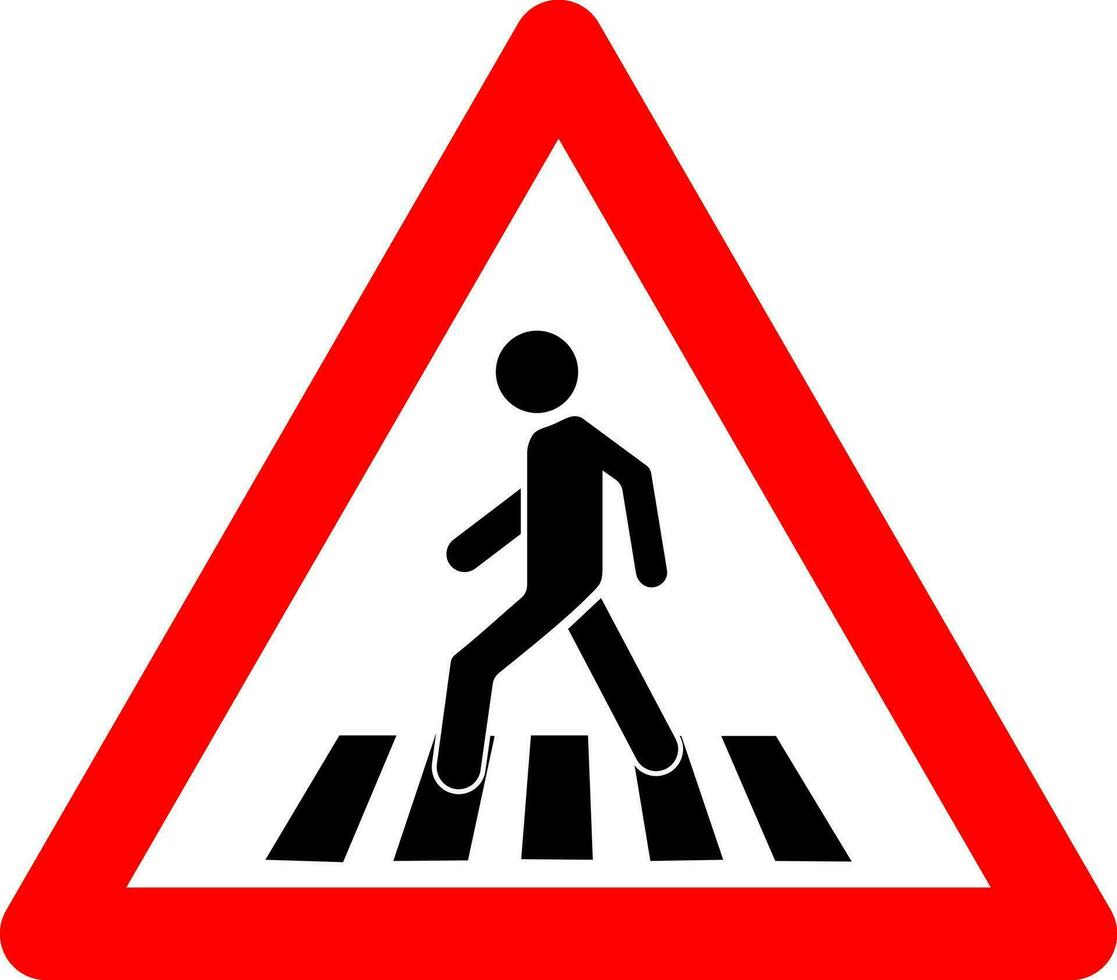 Pedestrian crossing sign. Warning sign pedestrian crossing. Red triangle sign with silhouette man walking along crosswalk inside. Caution unregulated pedestrian crossing. Road sign. vector