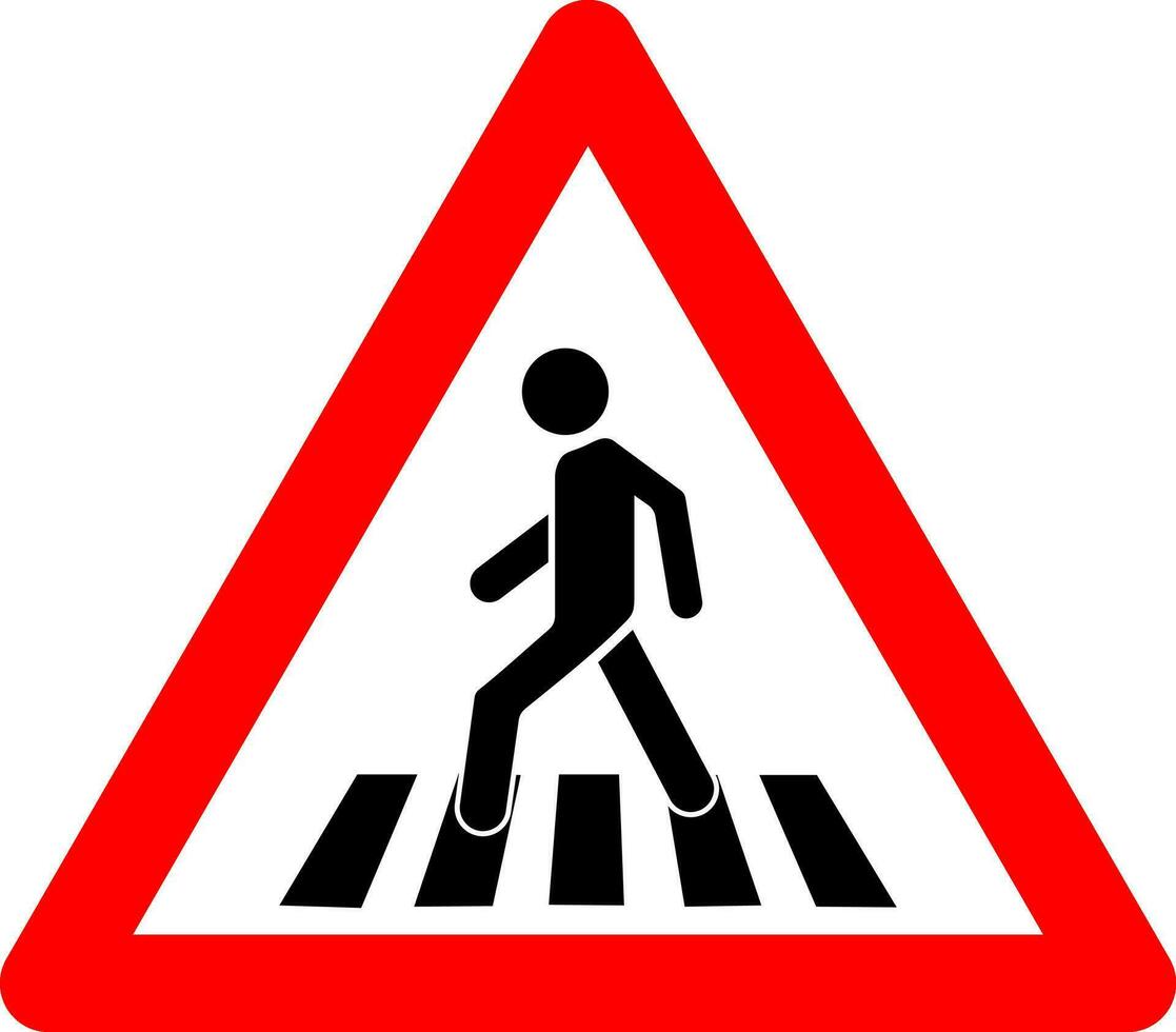 peatonal cruce signo. advertencia firmar peatonal cruce. rojo triángulo firmar con silueta hombre caminando a lo largo paso de peatones adentro. precaución desregulado peatonal cruce. la carretera signo. vector