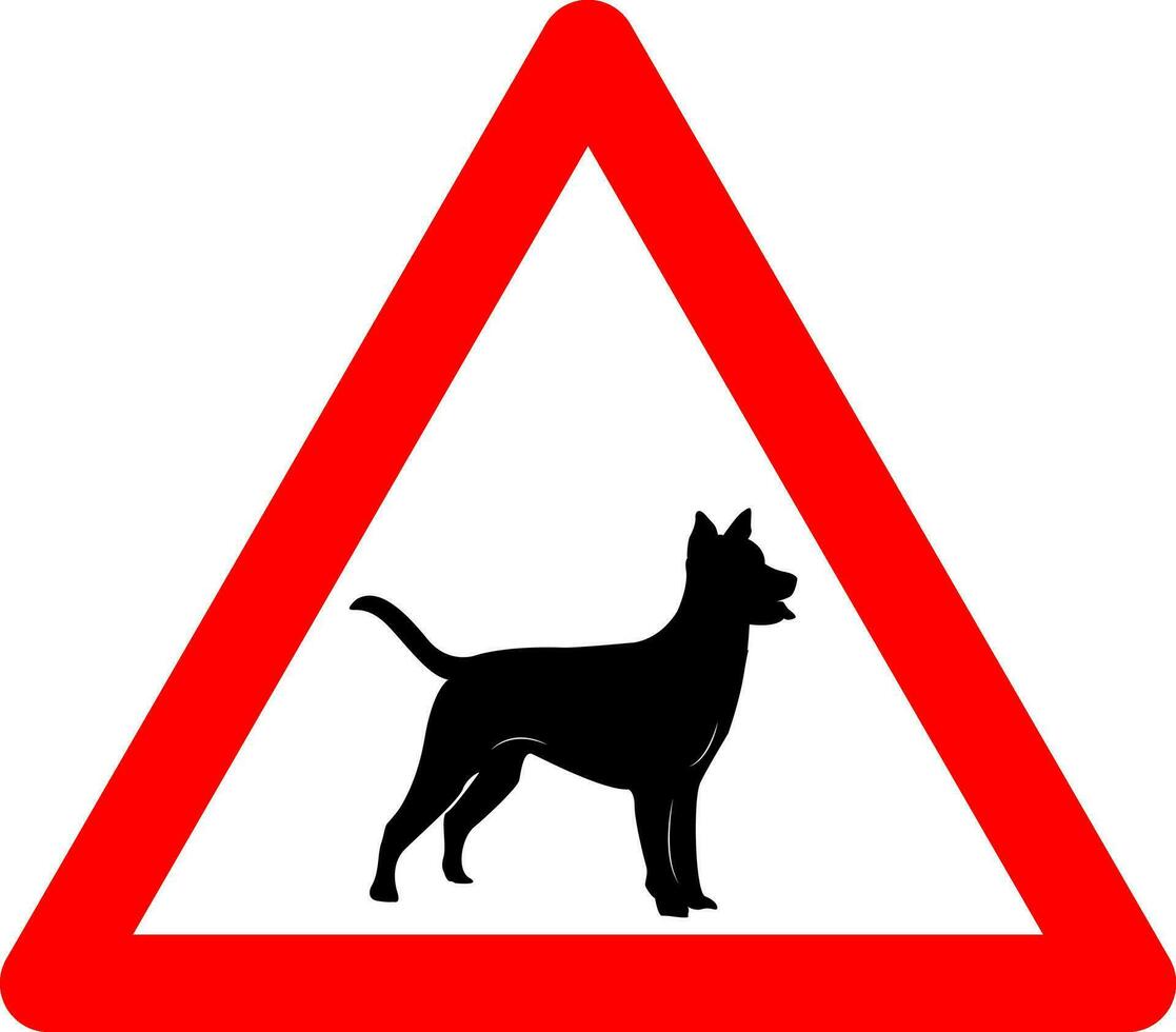 Dog sign. Angry dog warning sign. Red triangle sign with silhouette of dog inside. Caution in the territory the dog. Road sign. The territory is guarded by dogs. vector