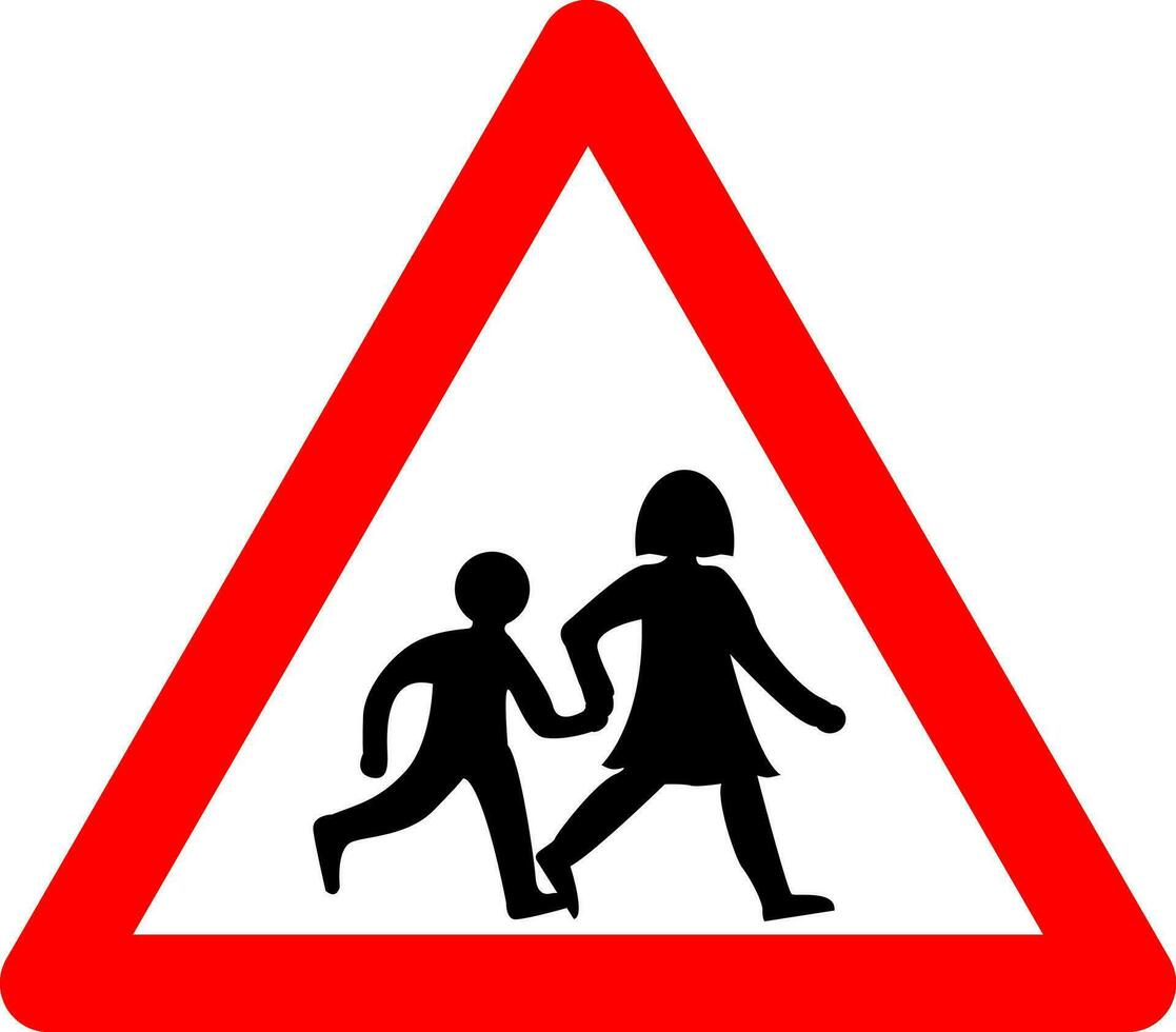 Schoolchildren sign. Schoolchildren warning sign. Red triangle sign with a silhouette children schoolchildren inside. Caution when children go out on the road. School near the road. Road sign. vector