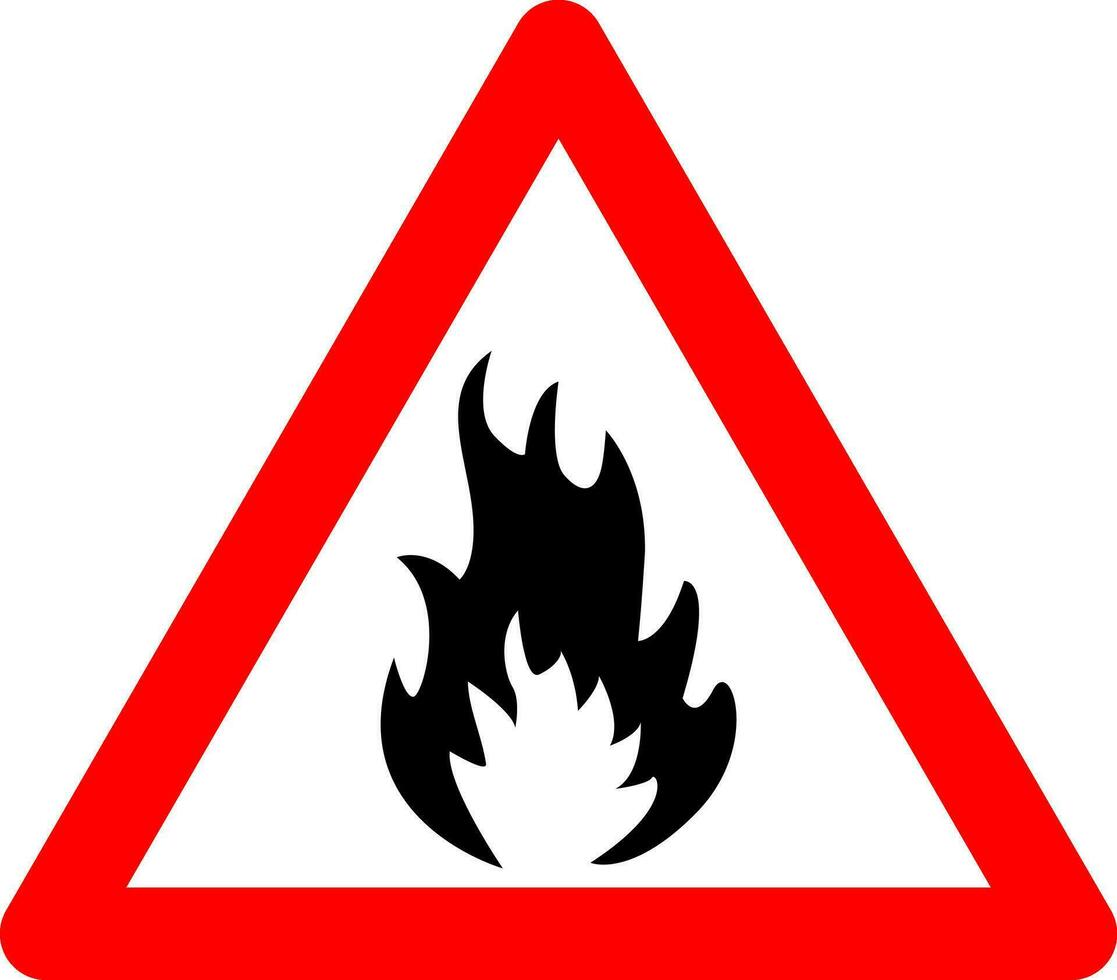 Fire sign. Warning sign flammable substances. Red triangle sign with flame silhouette inside. Caution at the fire sign. Road sign. Danger zone. vector