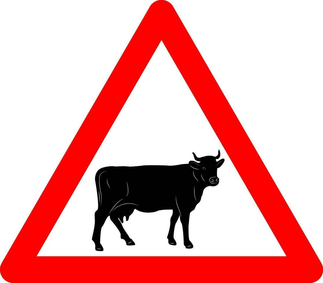 Cattle drive sign. Cattle drive warning sign. Red triangle sign with silhouette of a cow inside. Caution when cattle enter the road. Farm near the road. Road sign. vector