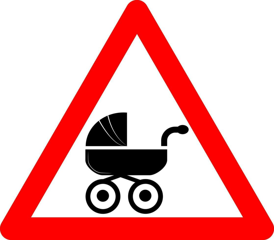 Baby stroller sign. Warning sign about the departure baby stroller. Red triangle sign with baby carriage silhouette inside. Caution mother with child. Baby carriage sign. Road sign. vector