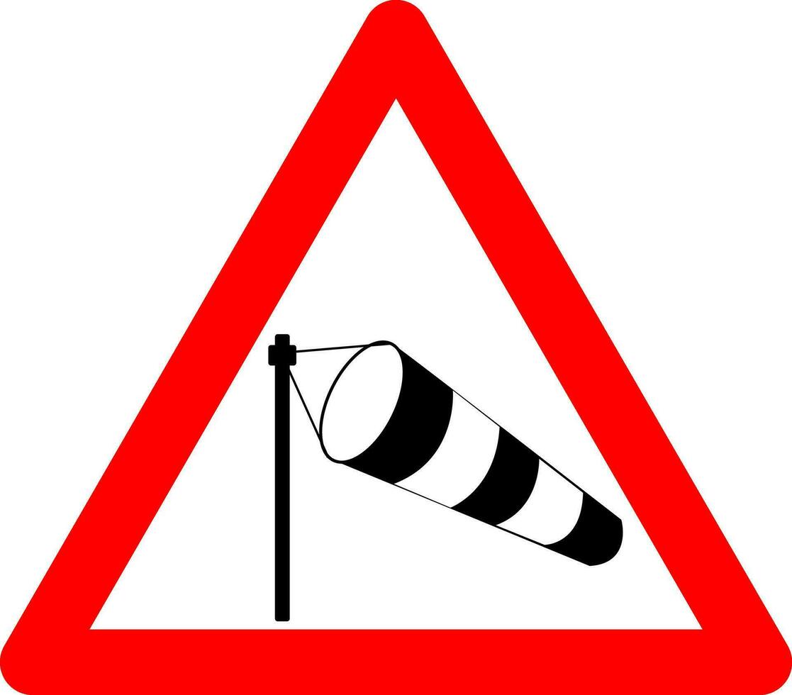 Side wind sign. Side wind warning sign. Red triangle sign with a cone net silhouette inside. Caution strong wind on the road. Road sign. Sudden gusts of wind on the road. vector