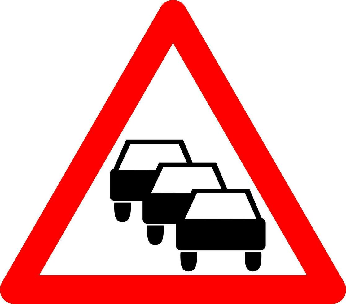 Traffic congestion sign. Warning sign of traffic congestion. Red triangle sign with car silhouette inside. Caution road narrowing. Road sign. Traffic jam road sign. Traffic queues likely ahead. vector