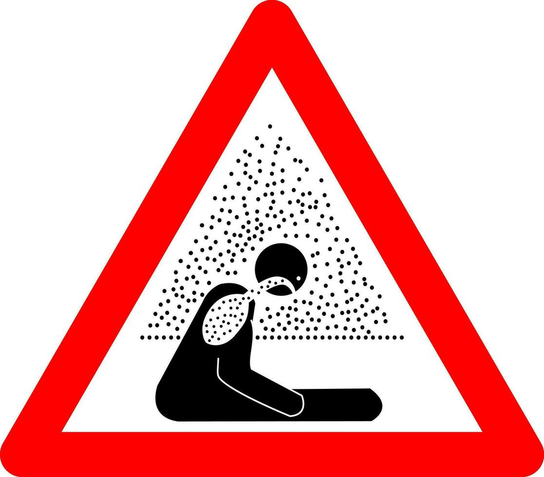 Sign suffocating atmosphere. Air pollution warning sign. Red triangle sign with a silhouette a seated person in pollution fumes. Caution suffocating air. Beware polluted air. Asphyxiating atmosphere. vector