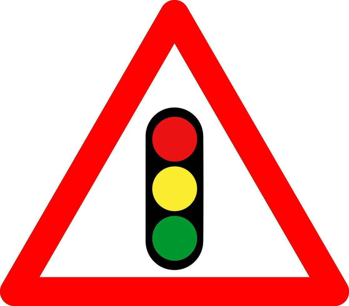 tráfico ligero regulación signo. advertencia firmar tráfico es regulado por tráfico ligero. rojo triángulo firmar con tráfico ligero silueta adentro. precaución tráfico ligero. la carretera signo. vector