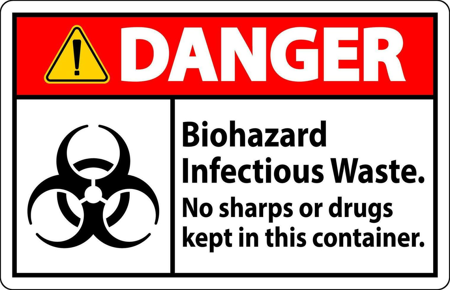 Danger Label Biohazard Infectious Waste, No Sharps Or Drugs Kept In This Container vector