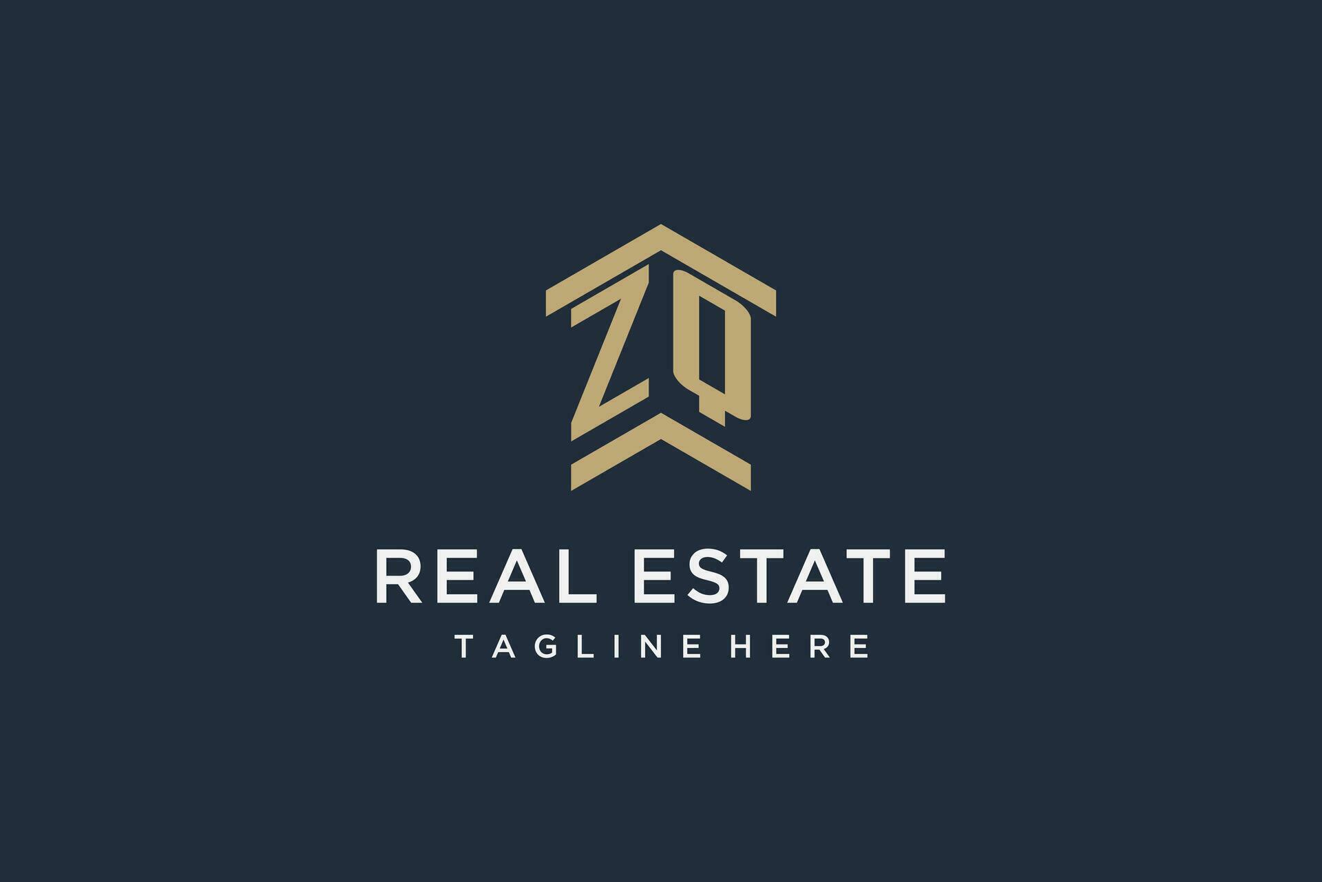Initial Zq Logo For Real Estate With Simple And Creative House Roof