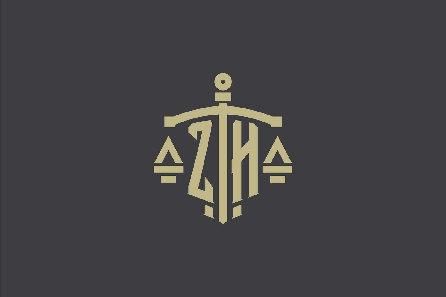 Letter ZH logo for law office and attorney with creative scale and sword icon design vector