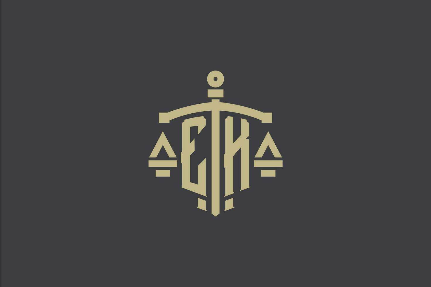 letra ek logo para ley oficina y abogado con creativo escala y espada icono diseño vector