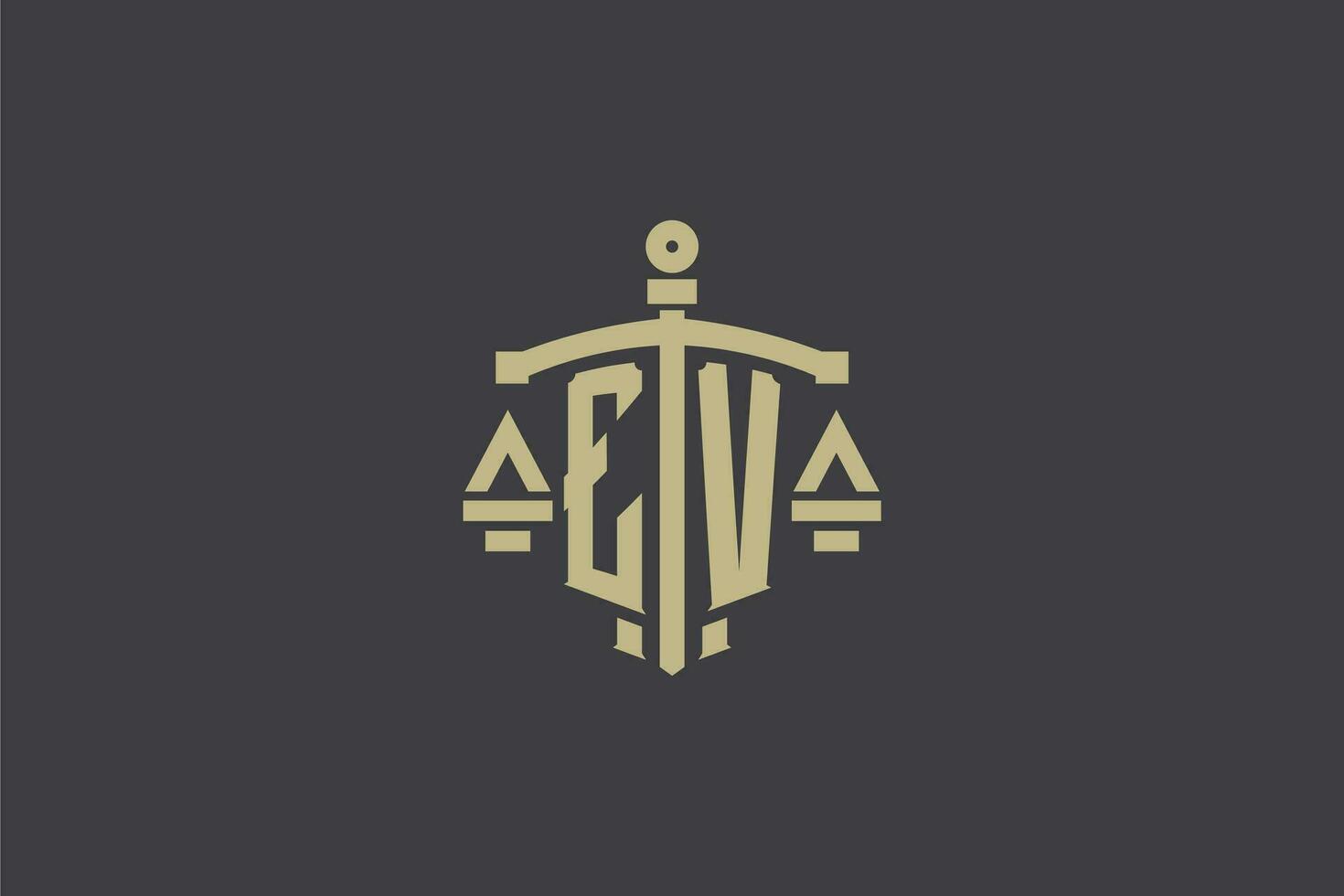 Letter EV logo for law office and attorney with creative scale and sword icon design vector