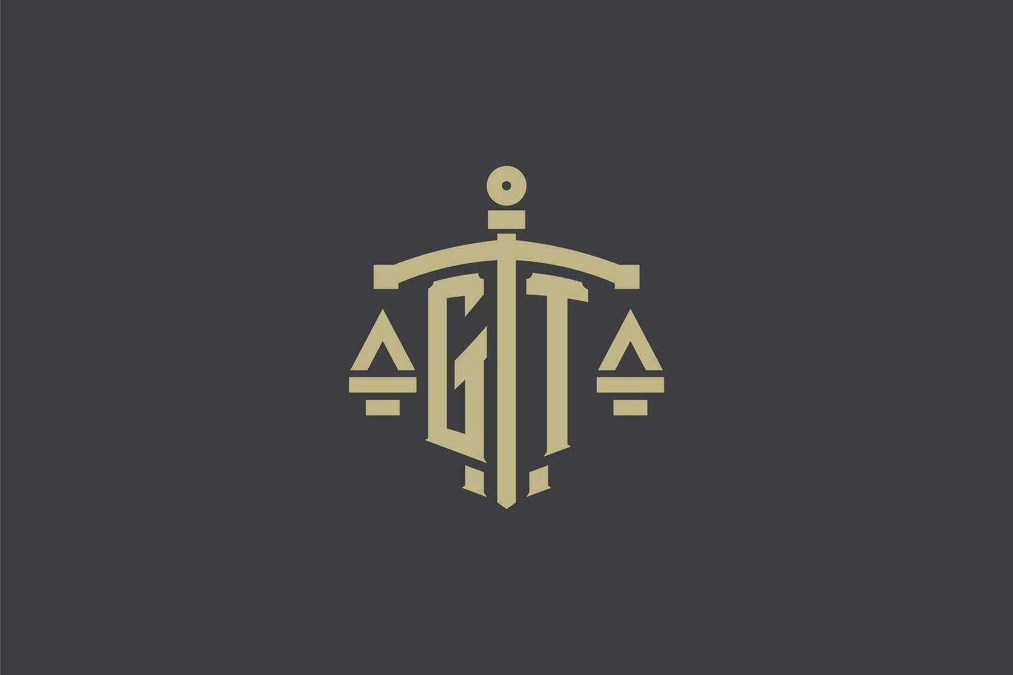 Letter GT logo for law office and attorney with creative scale and sword icon design vector