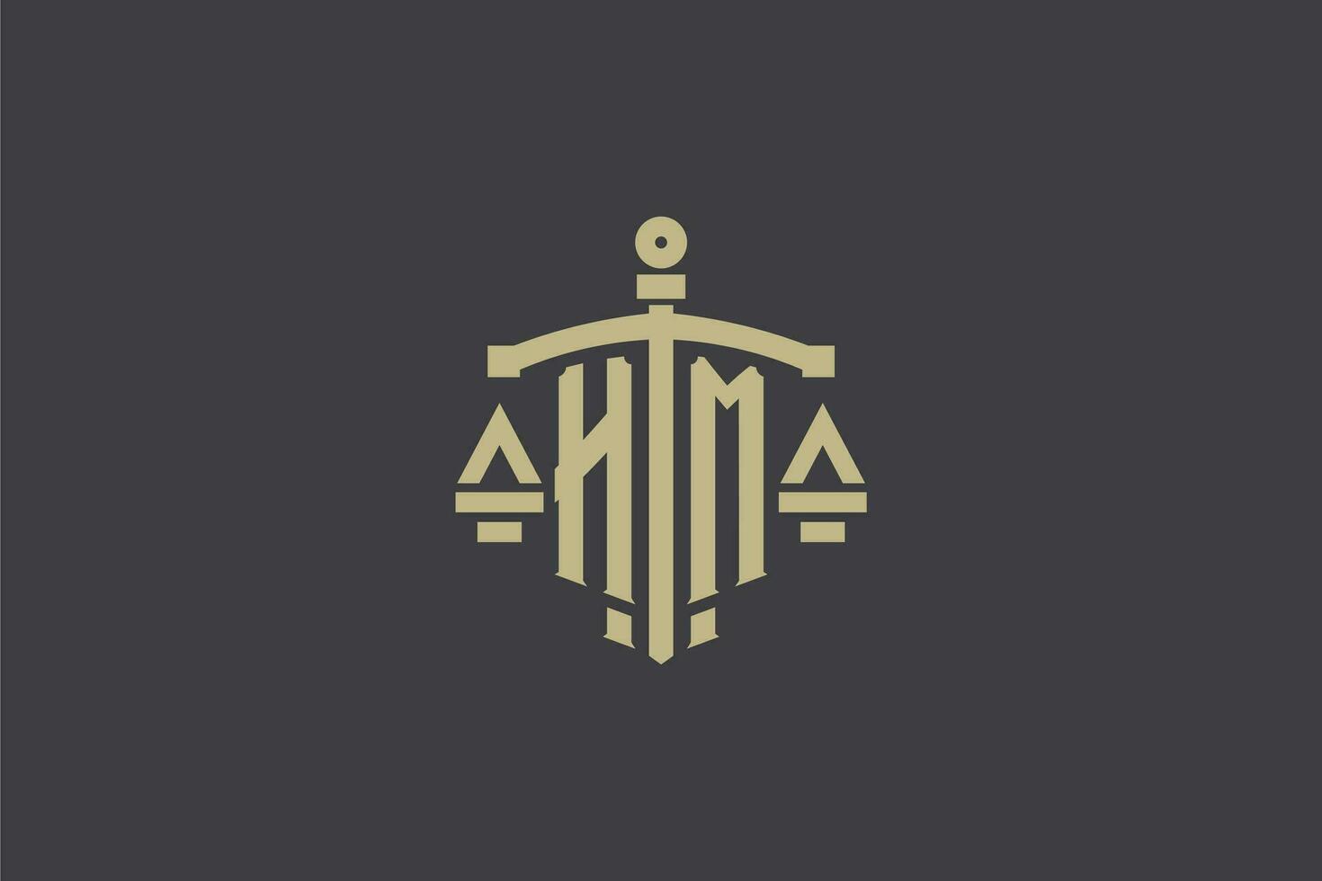Letter HM logo for law office and attorney with creative scale and sword icon design vector