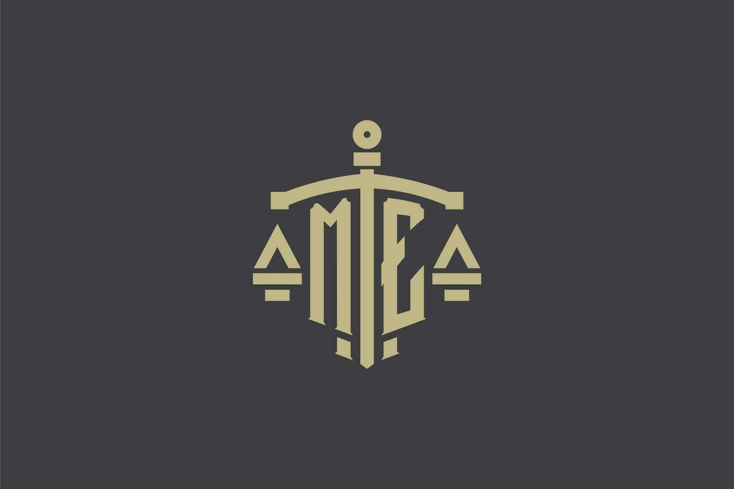 Letter ME logo for law office and attorney with creative scale and sword icon design vector