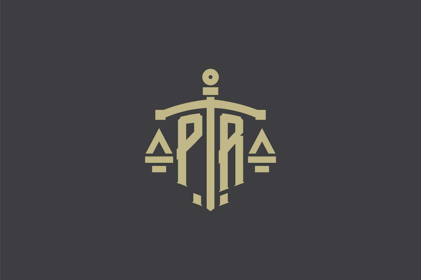 Letter PR logo for law office and attorney with creative scale and sword icon design vector