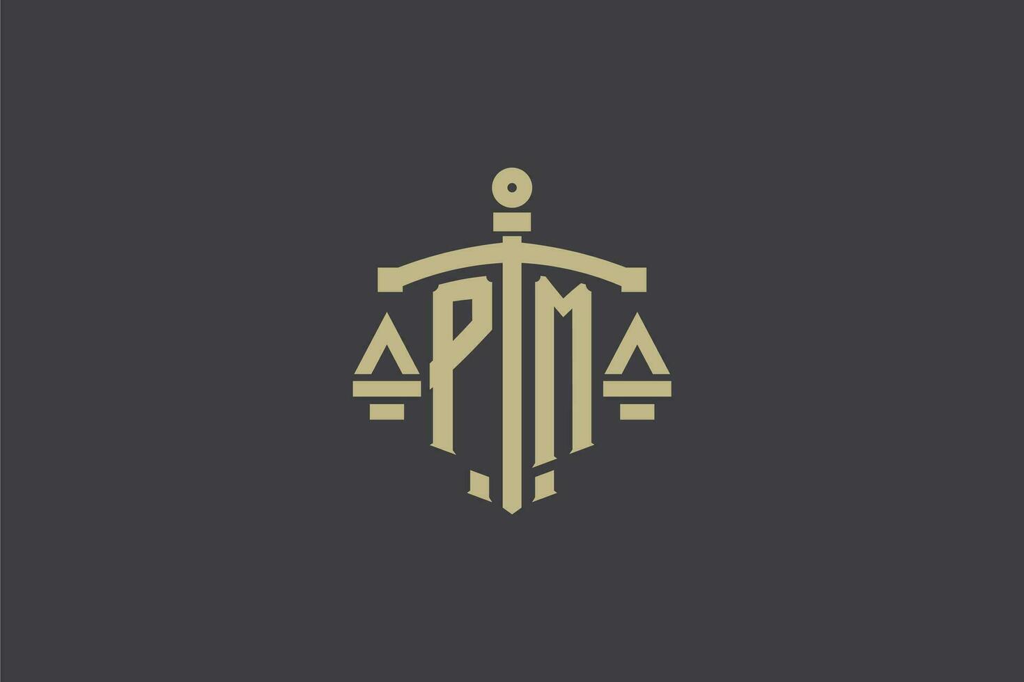 Letter PM logo for law office and attorney with creative scale and sword icon design vector