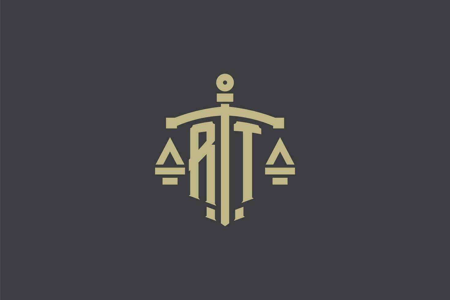 Letter RT logo for law office and attorney with creative scale and sword icon design vector