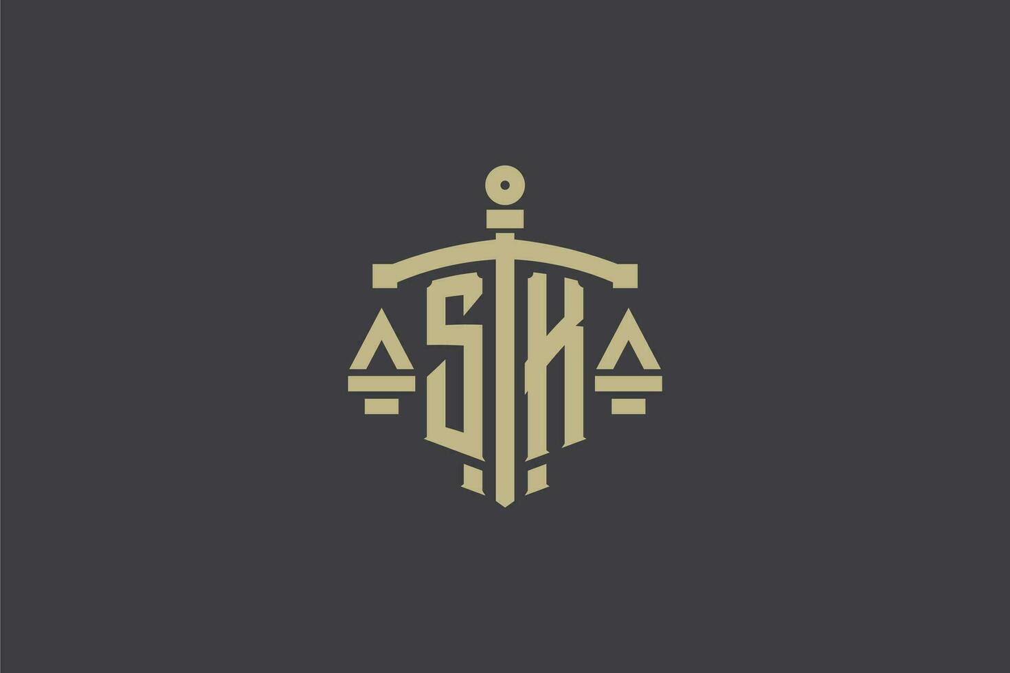 Letter SK logo for law office and attorney with creative scale and sword icon design vector