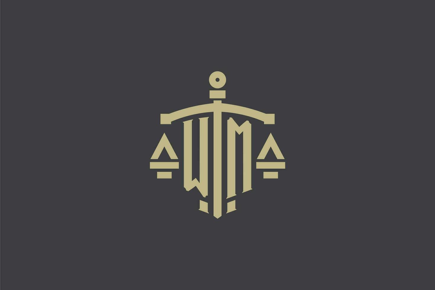 Letter WM logo for law office and attorney with creative scale and sword icon design vector