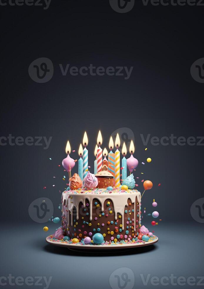 Birthday colorful cake decorated with sweets, Birthday cake with candles, generative ai. photo