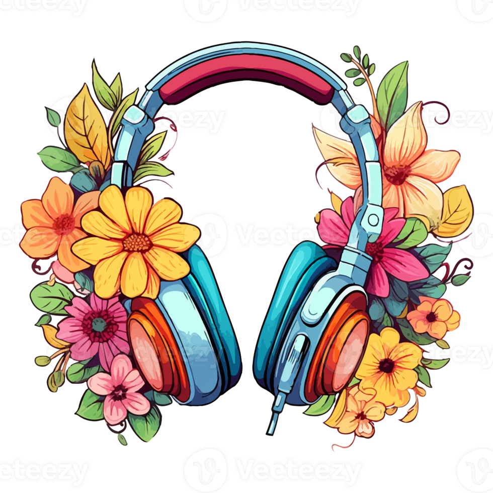 concepto acuarela ilustración auriculares con flores y plantas, pegatina música auriculares cableado con flores, generativo ai. png
