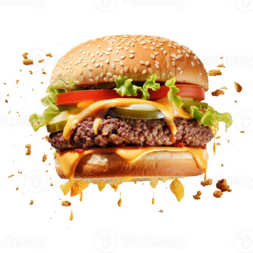 Large delicious juicy smoky burger separated on ingredients floating in air, . png