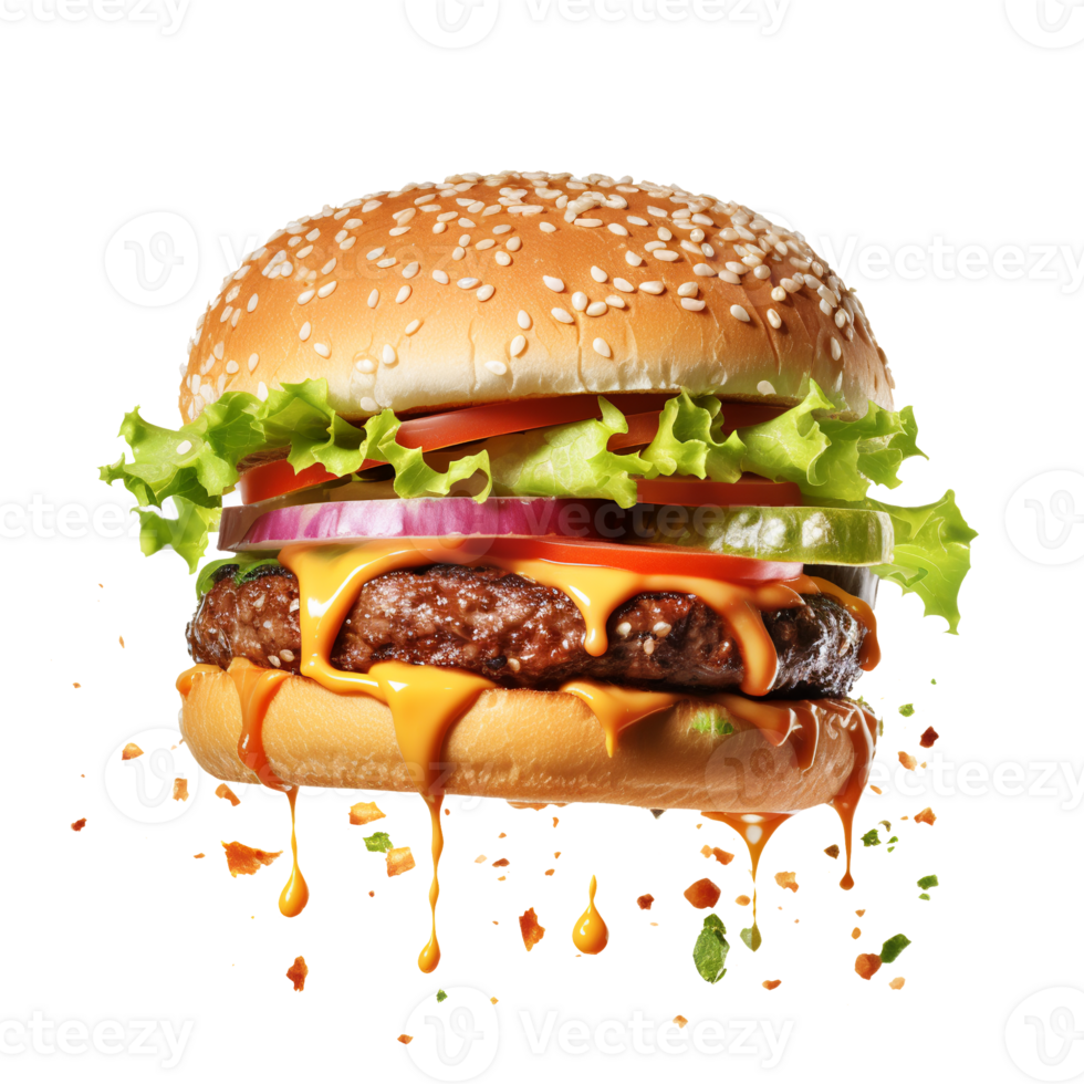 Large delicious juicy smoky burger separated on ingredients floating in air, generative ai. png