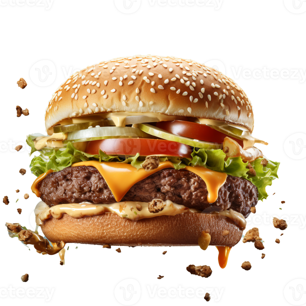 Large delicious juicy smoky burger separated on ingredients floating in air, . png
